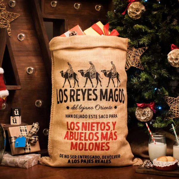 Saco de tela de alta calidad y acabados reforzados con dibujo de los reyes magos.