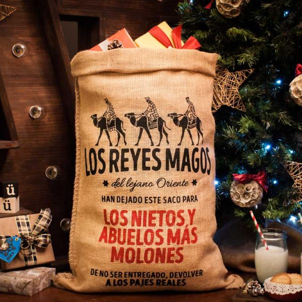Saco de tela de alta calidad y acabados reforzados con dibujo de los reyes magos.