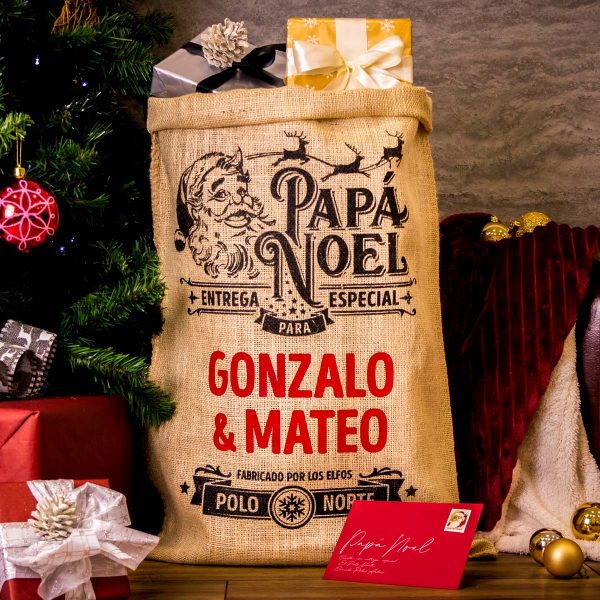 Saco de papá Noel de alta calidad y acabados reforzados personalizable con nombre.